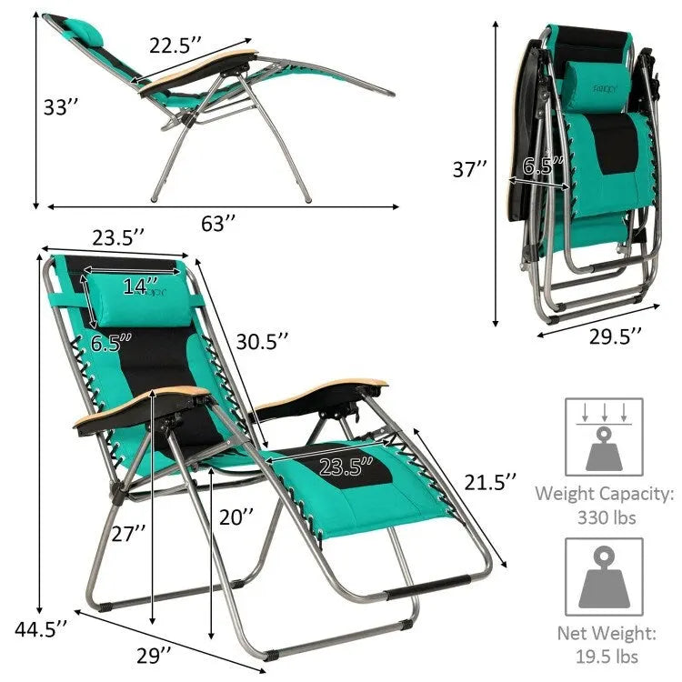 Oversize Folding Adjustable Padded Zero Gravity Lounge Chair - 29.5  x 29  - 63  x 33  - 44.5  (L x W x H)