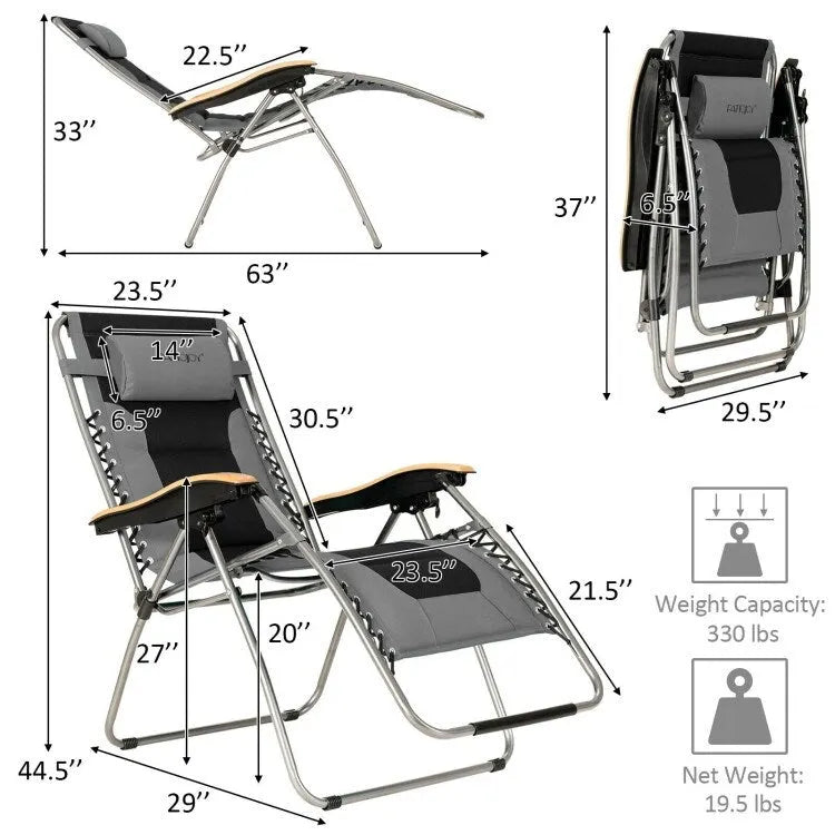 Oversize Folding Adjustable Padded Zero Gravity Lounge Chair - 29.5  x 29  - 63  x 33  - 44.5  (L x W x H)