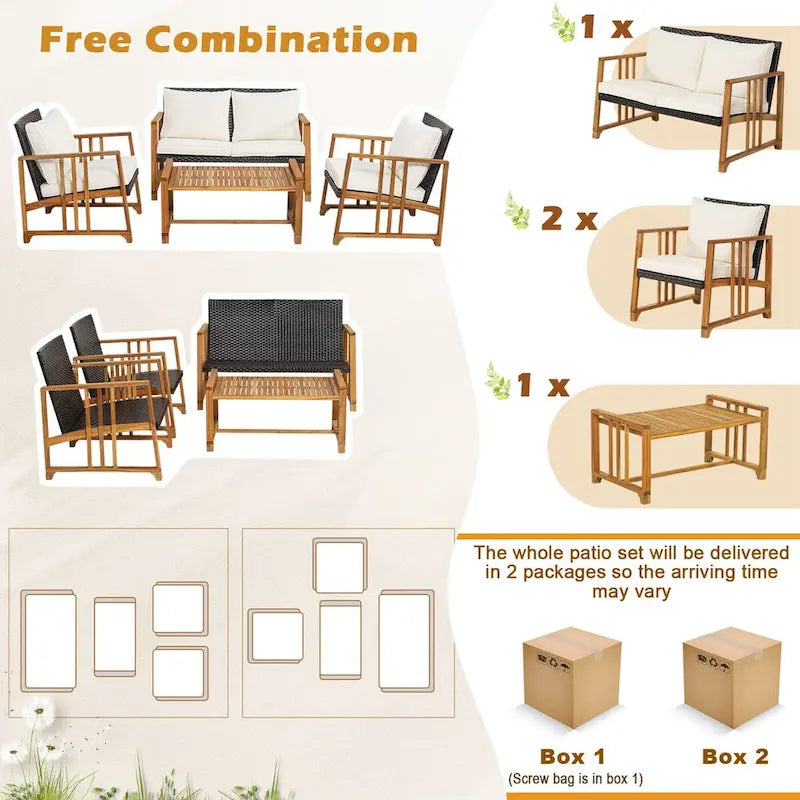 Costway 4PCS Patio Mix Brown Wicker Sofa Set Acacia Wood Frame with - See Details