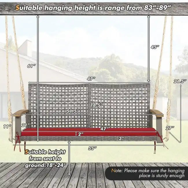 2-Person Patio Wicker Hanging Swing Chair - 55  x 27  x 21.5  (L x W x H)