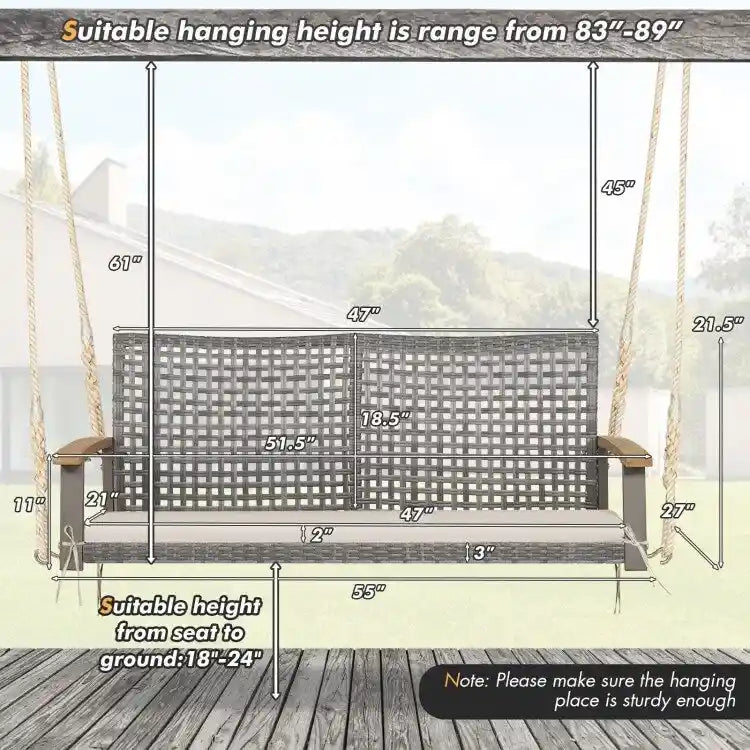 2-Person Patio Wicker Hanging Swing Chair - 55  x 27  x 21.5  (L x W x H)