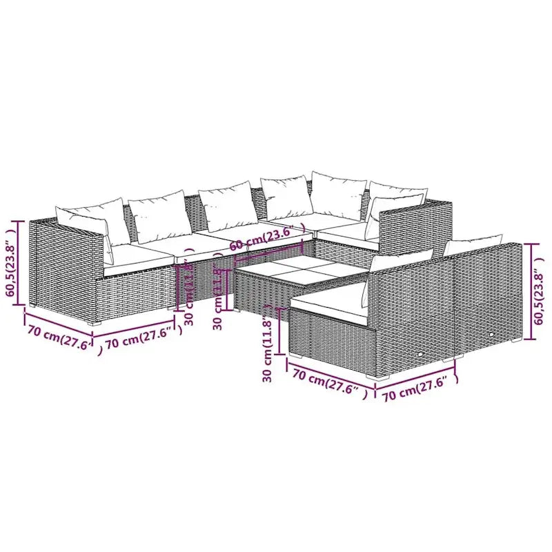 vidaXL Patio Lounge Set Outdoor Sectional Sofa Set Table Garden Poly Rattan - 27.6  x 27.6  x 23.8