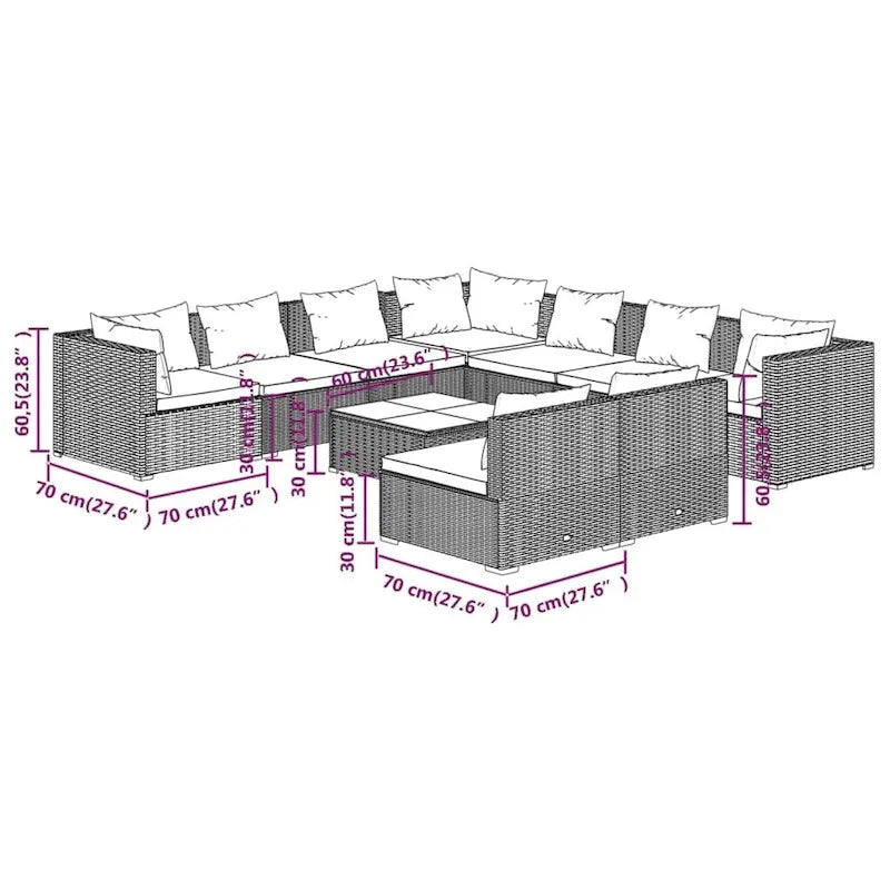 vidaXL Patio Lounge Set Outdoor Sectional Sofa Set Table Garden Poly Rattan - 27.6  x 27.6  x 23.8