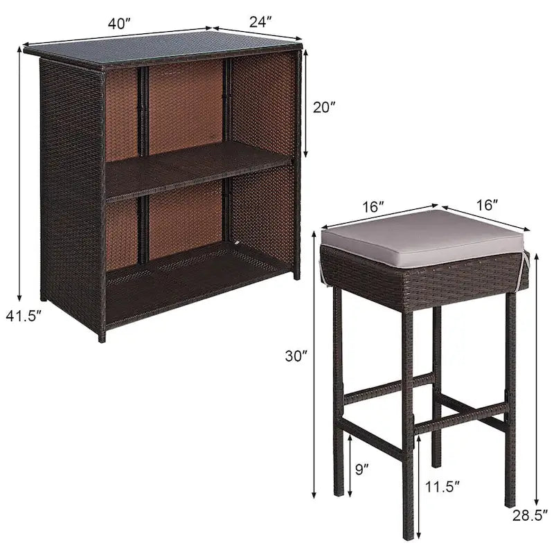 Gymax 3PCS Rattan Patio Bar Table & Stool Set Dining Set w/ Gray & Off
