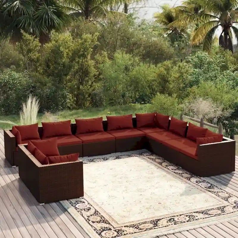 vidaXL Patio Lounge Set with Cushions Brown Poly Rattan - 27.6  x 27.6  x 24  - 27.6  x 27.6  x 24