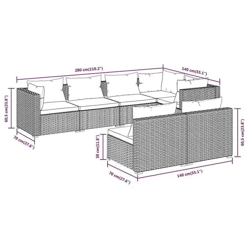 vidaXL Patio Lounge Set with Cushions Brown Poly Rattan - 27.6  x 27.6  x 24  - 27.6  x 27.6  x 24