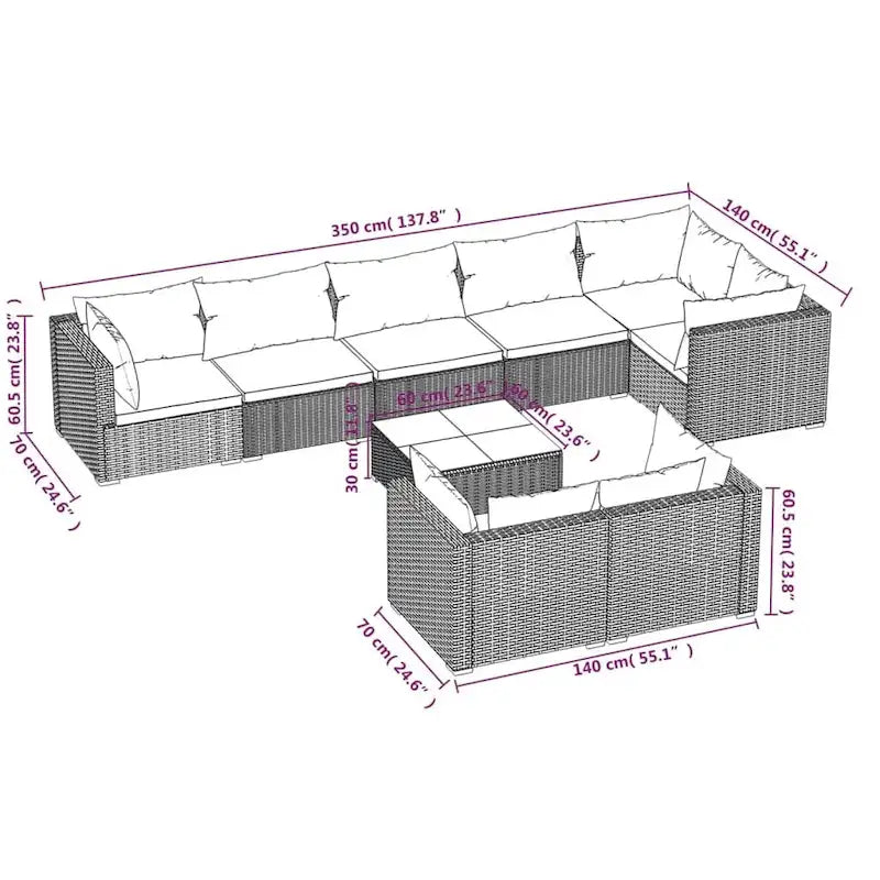 vidaXL Patio Lounge Set with Cushions Brown Poly Rattan - 27.6  x 27.6  x 24  - 27.6  x 27.6  x 24
