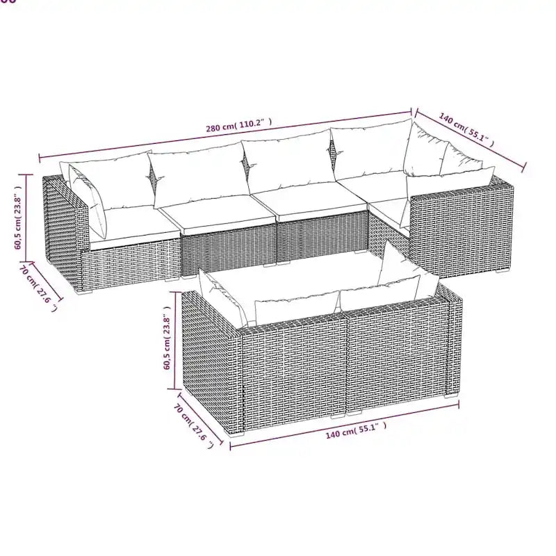 vidaXL Patio Lounge Set with Cushions Brown Poly Rattan - 27.6  x 27.6  x 24  - 27.6  x 27.6  x 24