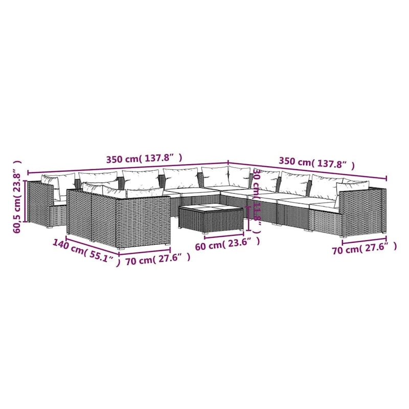 vidaXL Patio Lounge Set with Cushions Brown Poly Rattan - 27.6  x 27.6  x 24  - 27.6  x 27.6  x 24