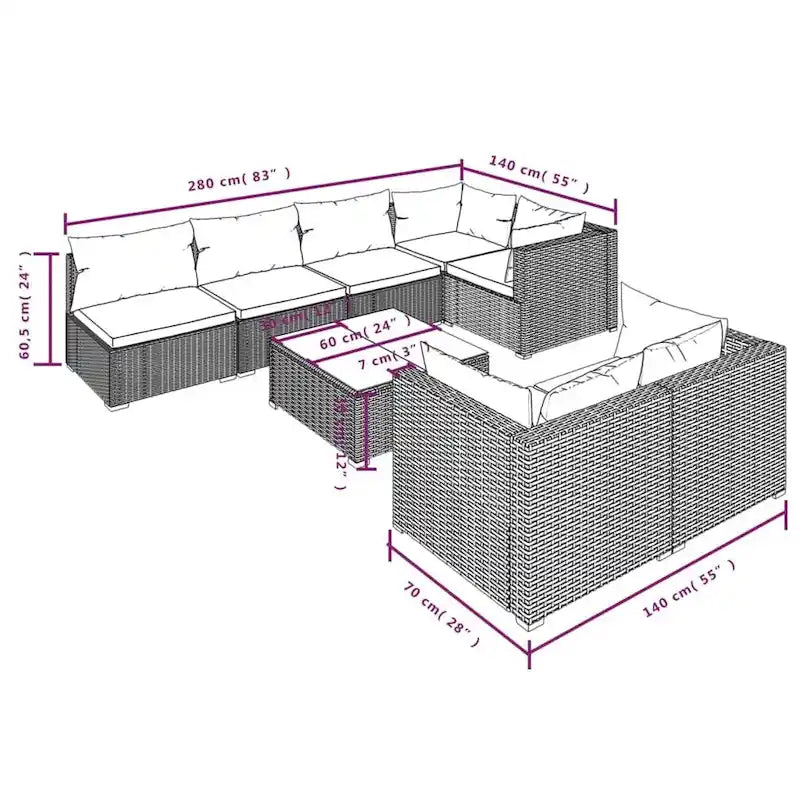 vidaXL Patio Lounge Set with Cushions Brown Poly Rattan - 27.6  x 27.6  x 24  - 27.6  x 27.6  x 24