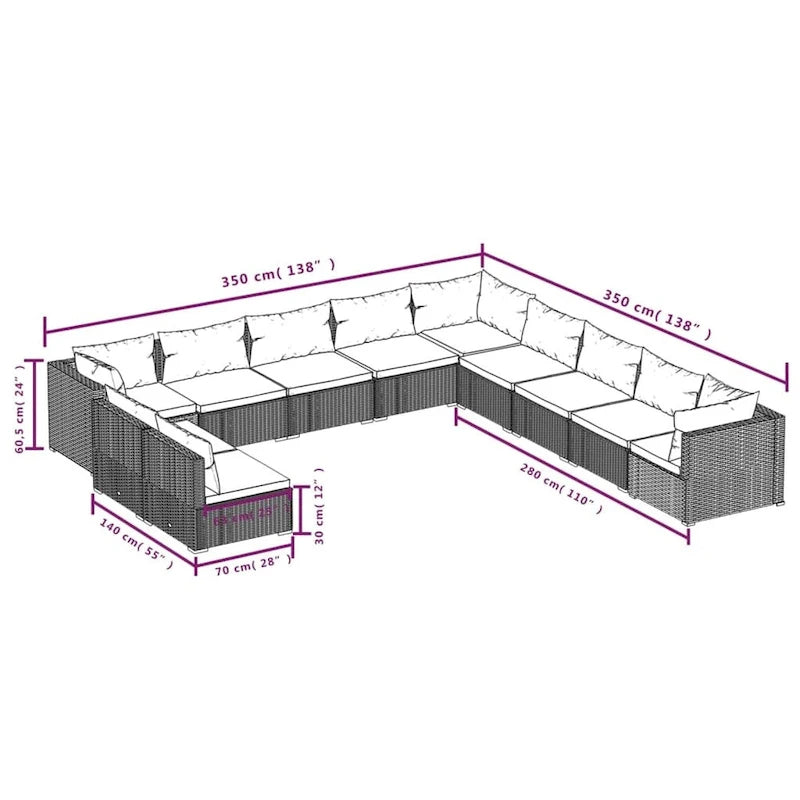 vidaXL Patio Lounge Set with Cushions Brown Poly Rattan - 27.6  x 27.6  x 24  - 27.6  x 27.6  x 24