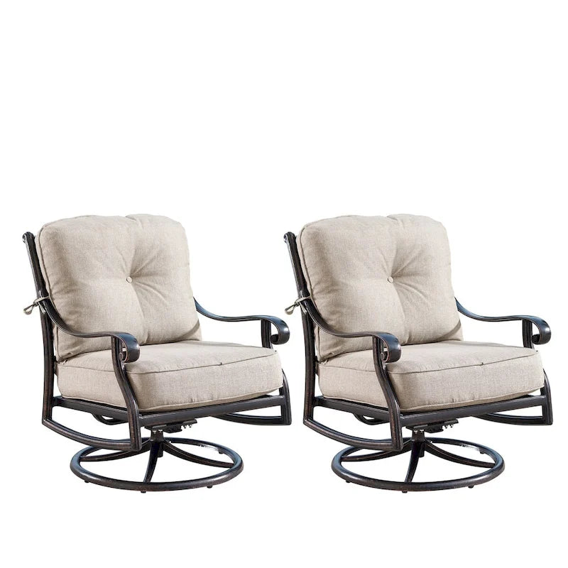 Outdoor Aluminum 44 in. Round Fire Table Set with Four Deep Seating Swivel Rocking Chairs & Accessories