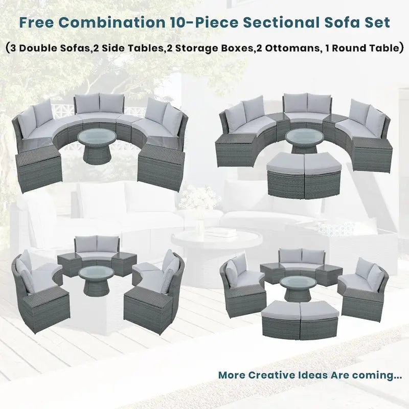10-Piece Outdoor Rattan Sofa Set with Loveseats, Side Tables, Ottomans, and Storage Boxes, PE Wicker Patio Furniture Set