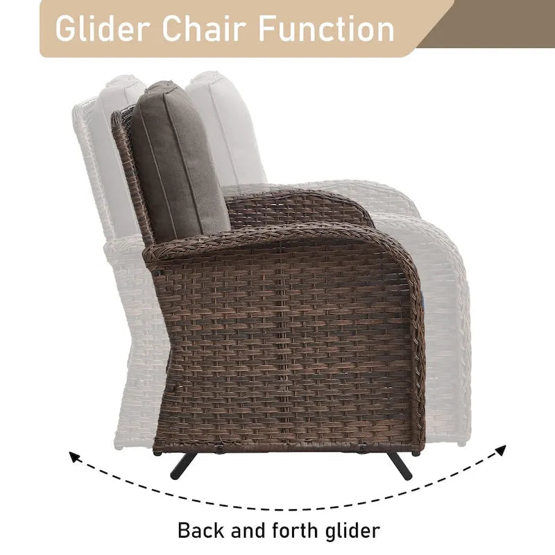 Patio Glider Loveseat Coffee Table, Swivel Chair and Ottomans - Brown