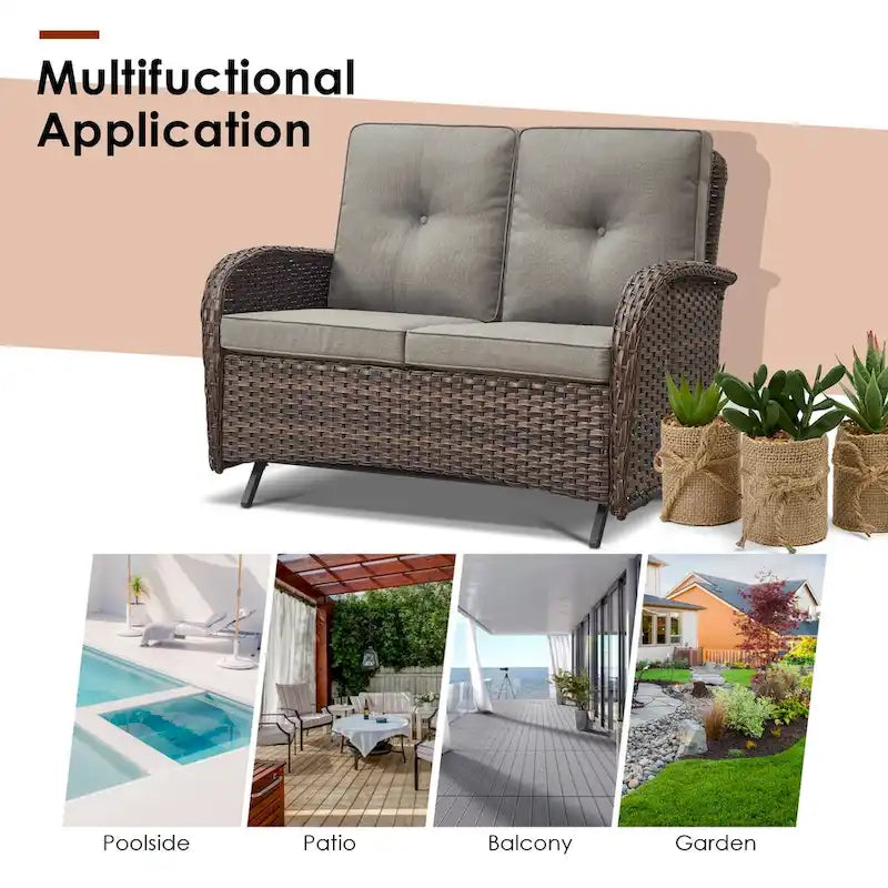 Patio Glider Loveseat Coffee Table, Swivel Chair and Ottomans - Brown