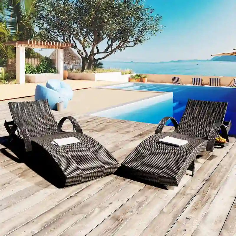 80  Outdoor Wicker Chaise Lounge Chairs Set of 2, Patio Rattan Reclining Chair Pull-out Side Table Adjustable Backrest