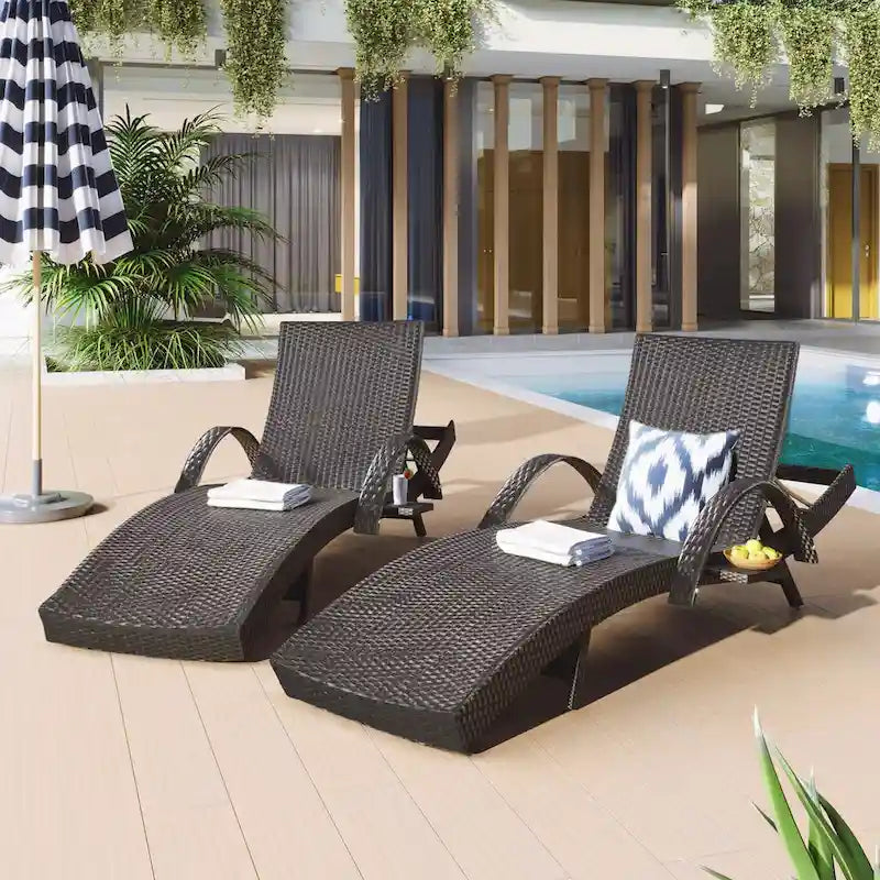 80  Outdoor Wicker Chaise Lounge Chairs Set of 2, Patio Rattan Reclining Chair Pull-out Side Table Adjustable Backrest