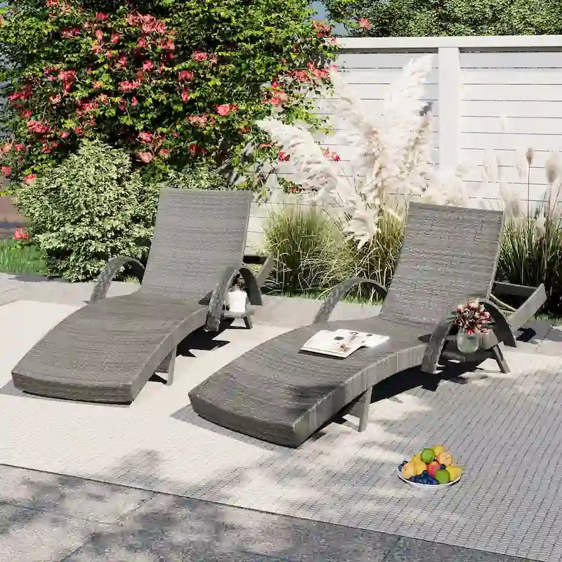 80  Outdoor Wicker Chaise Lounge Chairs Set of 2, Patio Rattan Reclining Chair Pull-out Side Table Adjustable Backrest