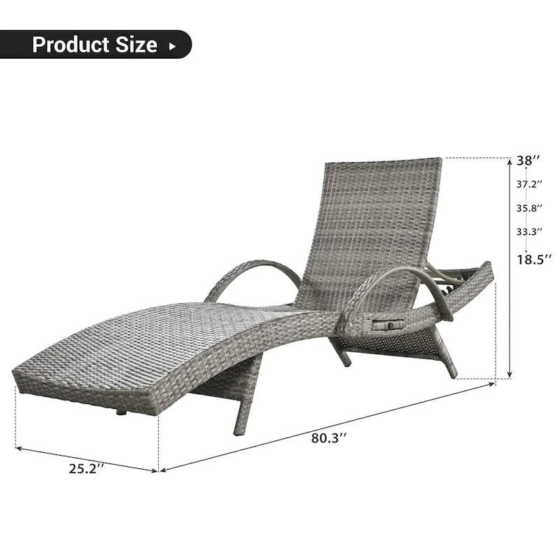 80  Outdoor Wicker Chaise Lounge Chairs Set of 2, Patio Rattan Reclining Chair Pull-out Side Table Adjustable Backrest