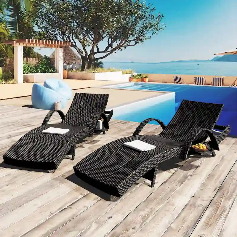 80  Outdoor Wicker Chaise Lounge Chairs Set of 2, Patio Rattan Reclining Chair Pull-out Side Table Adjustable Backrest