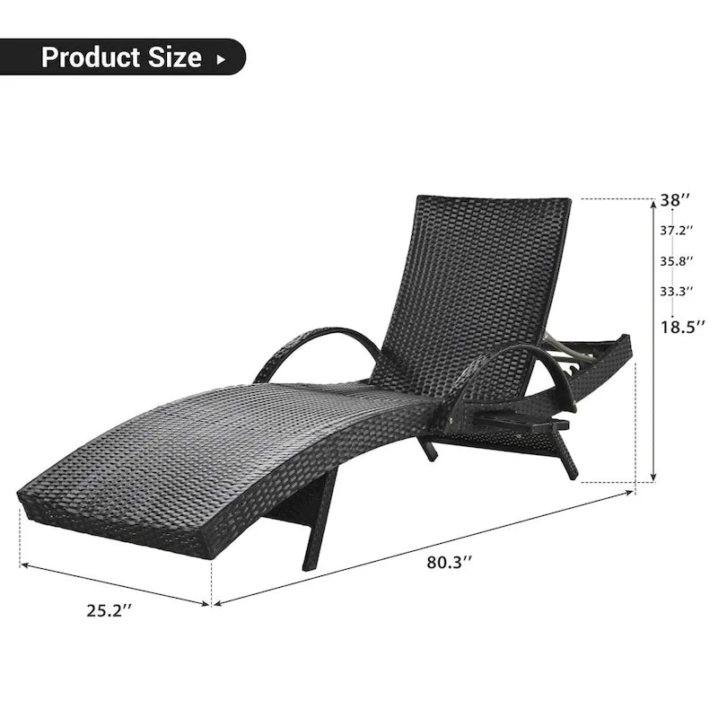 80  Outdoor Wicker Chaise Lounge Chairs Set of 2, Patio Rattan Reclining Chair Pull-out Side Table Adjustable Backrest