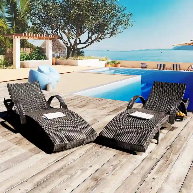 80  Outdoor Wicker Chaise Lounge Chairs Set of 2, Patio Rattan Reclining Chair Pull-out Side Table Adjustable Backrest