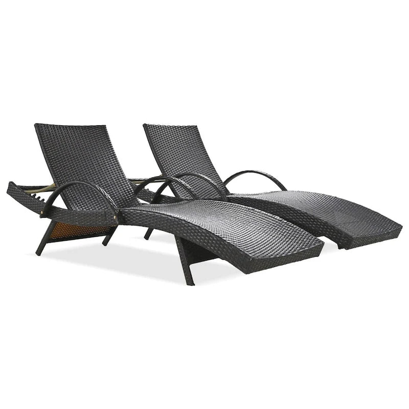 80  Outdoor Wicker Chaise Lounge Chairs Set of 2, Patio Rattan Reclining Chair Pull-out Side Table Adjustable Backrest