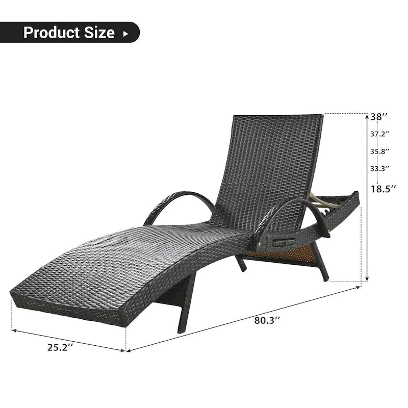 80  Outdoor Wicker Chaise Lounge Chairs Set of 2, Patio Rattan Reclining Chair Pull-out Side Table Adjustable Backrest