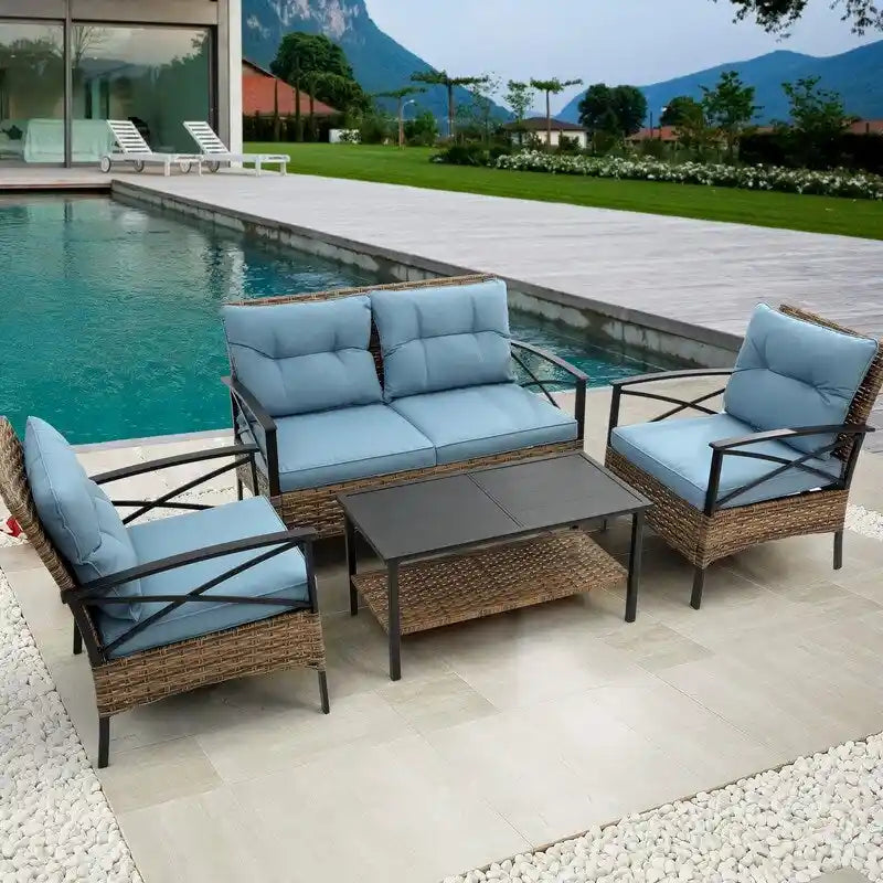Outdoor 4 piece Rattan Wicker Conversation Sofa Set with Cushion