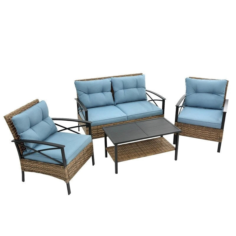 Outdoor 4 piece Rattan Wicker Conversation Sofa Set with Cushion