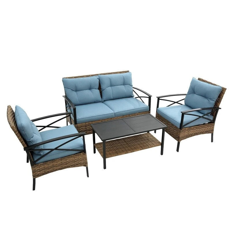 Outdoor 4 piece Rattan Wicker Conversation Sofa Set with Cushion
