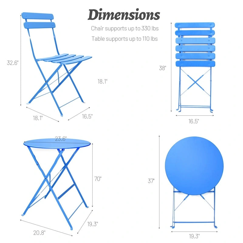 3 Pieces Patio Bistro Balcony Metal Chair Table Set - N/A
