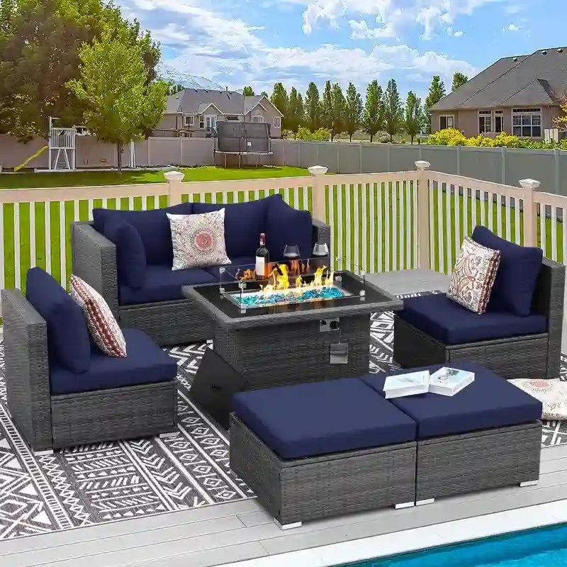 FINCATI 7 Piece Outdoor Furniture Wicker Sectional Sofa Set with Fire Pit Table