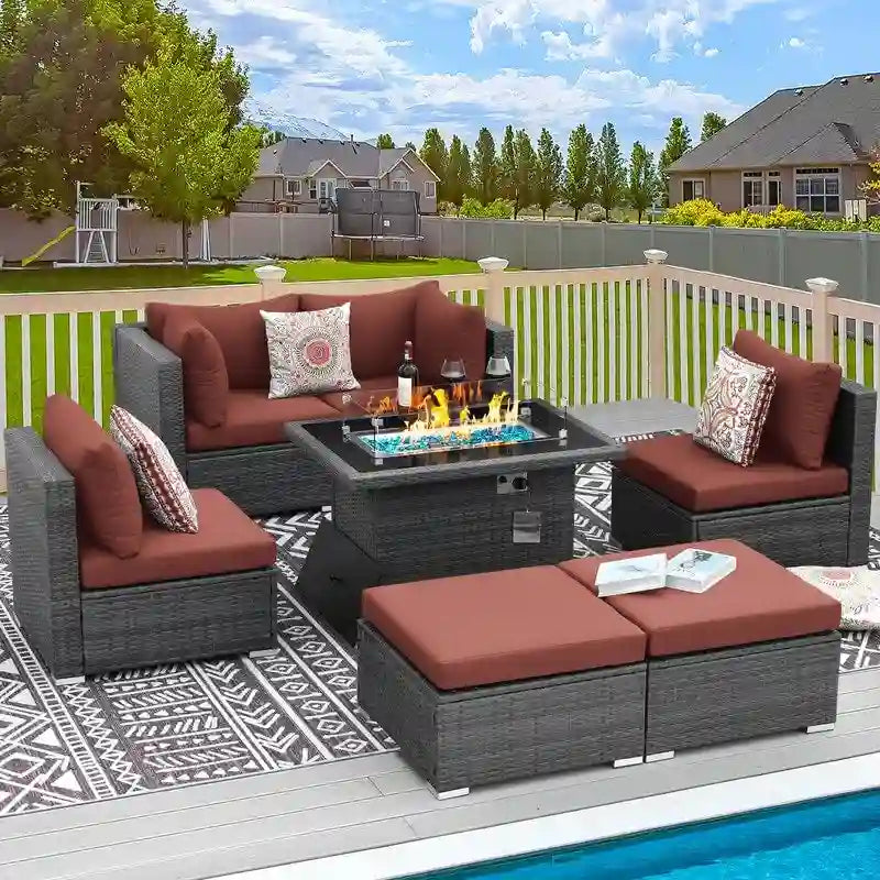 FINCATI 7 Piece Outdoor Furniture Wicker Sectional Sofa Set with Fire Pit Table