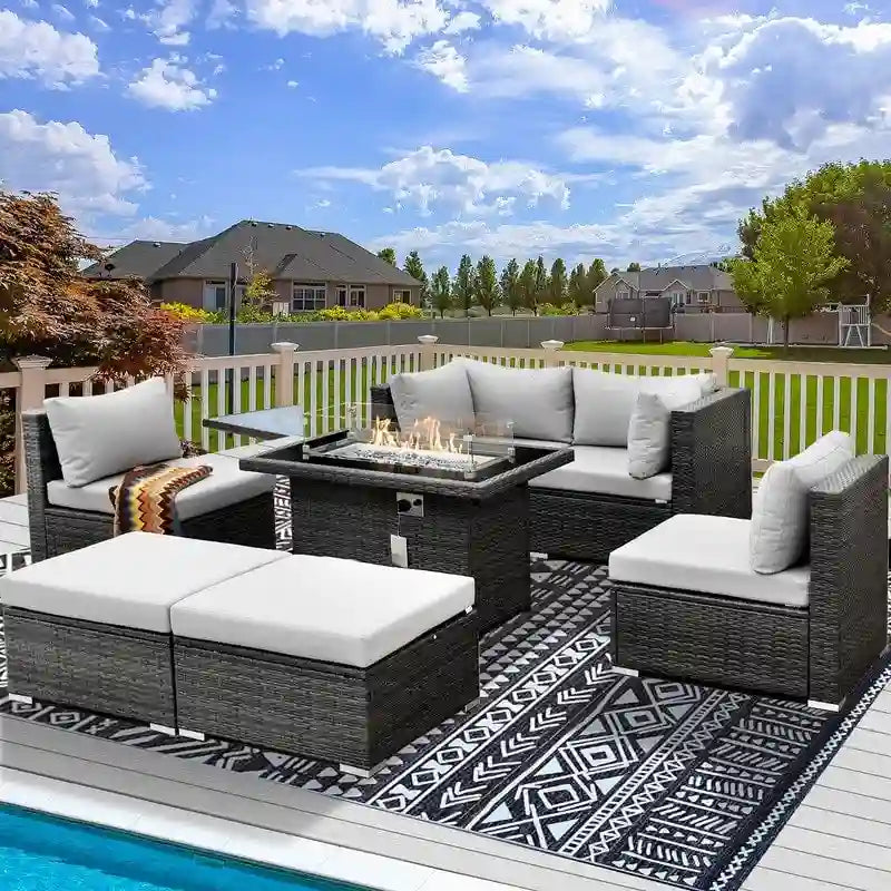 FINCATI 7 Piece Outdoor Furniture Wicker Sectional Sofa Set with Fire Pit Table