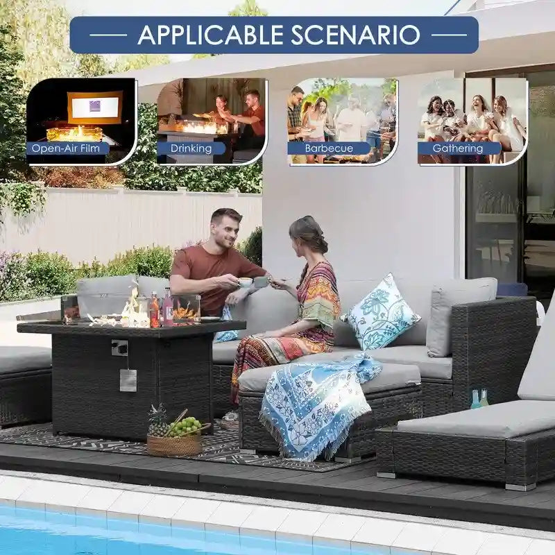 FINCATI 7 Piece Outdoor Furniture Wicker Sectional Sofa Set with Fire Pit Table