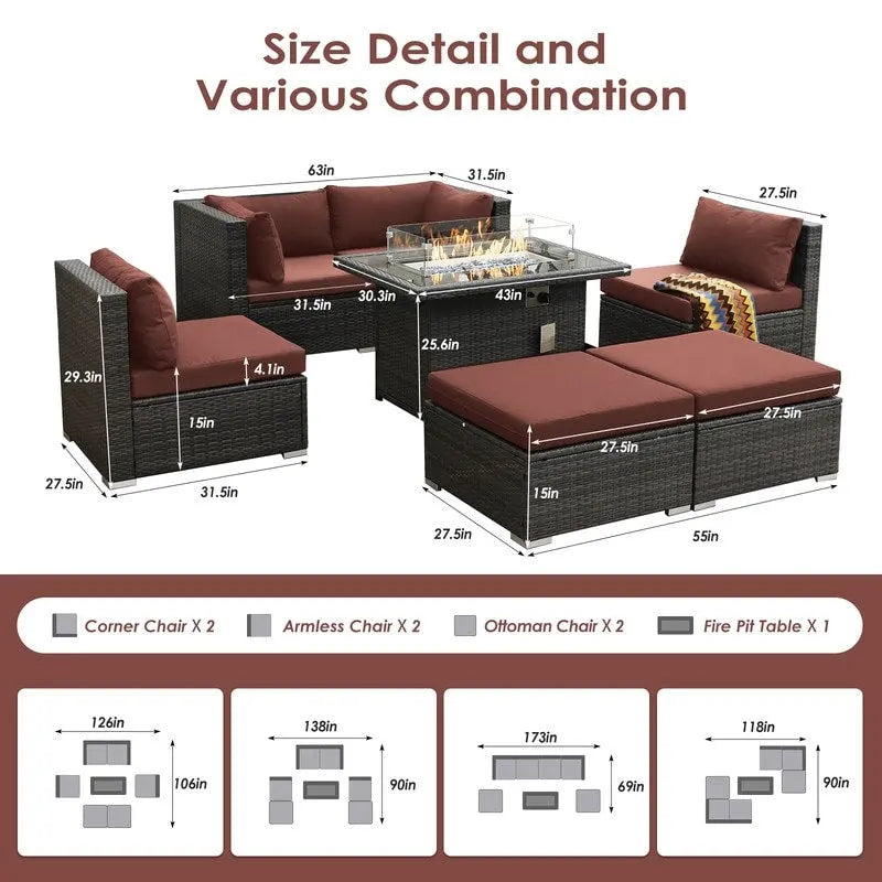 FINCATI 7 Piece Outdoor Furniture Wicker Sectional Sofa Set with Fire Pit Table