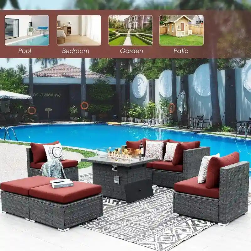 FINCATI 7 Piece Outdoor Furniture Wicker Sectional Sofa Set with Fire Pit Table