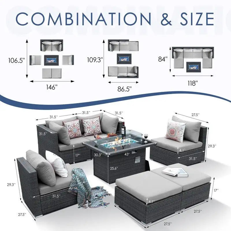 FINCATI 7 Piece Outdoor Furniture Wicker Sectional Sofa Set with Fire Pit Table