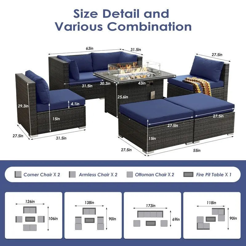 FINCATI 7 Piece Outdoor Furniture Wicker Sectional Sofa Set with Fire Pit Table