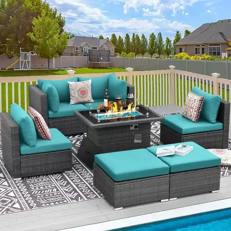 FINCATI 7 Piece Outdoor Furniture Wicker Sectional Sofa Set with Fire Pit Table