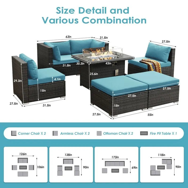 FINCATI 7 Piece Outdoor Furniture Wicker Sectional Sofa Set with Fire Pit Table
