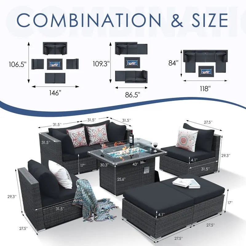 FINCATI 7 Piece Outdoor Furniture Wicker Sectional Sofa Set with Fire Pit Table