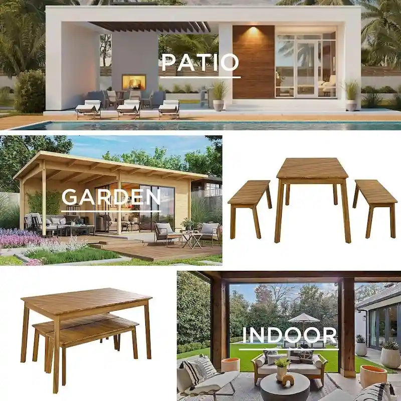 3 PCS OutdoorAcacia Wood Table Bench Dining Set With 2 Benches