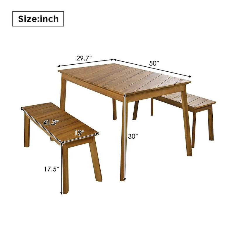 3 PCS OutdoorAcacia Wood Table Bench Dining Set With 2 Benches