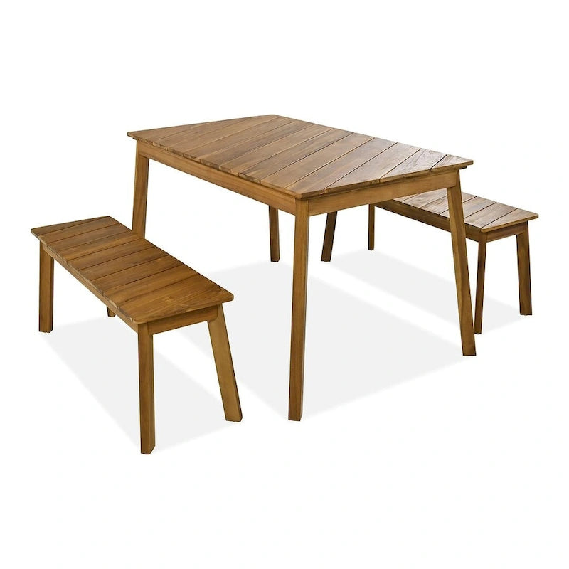 3 PCS OutdoorAcacia Wood Table Bench Dining Set With 2 Benches