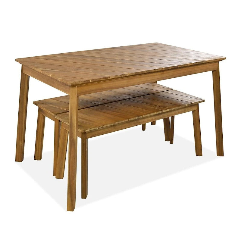 3 PCS OutdoorAcacia Wood Table Bench Dining Set With 2 Benches