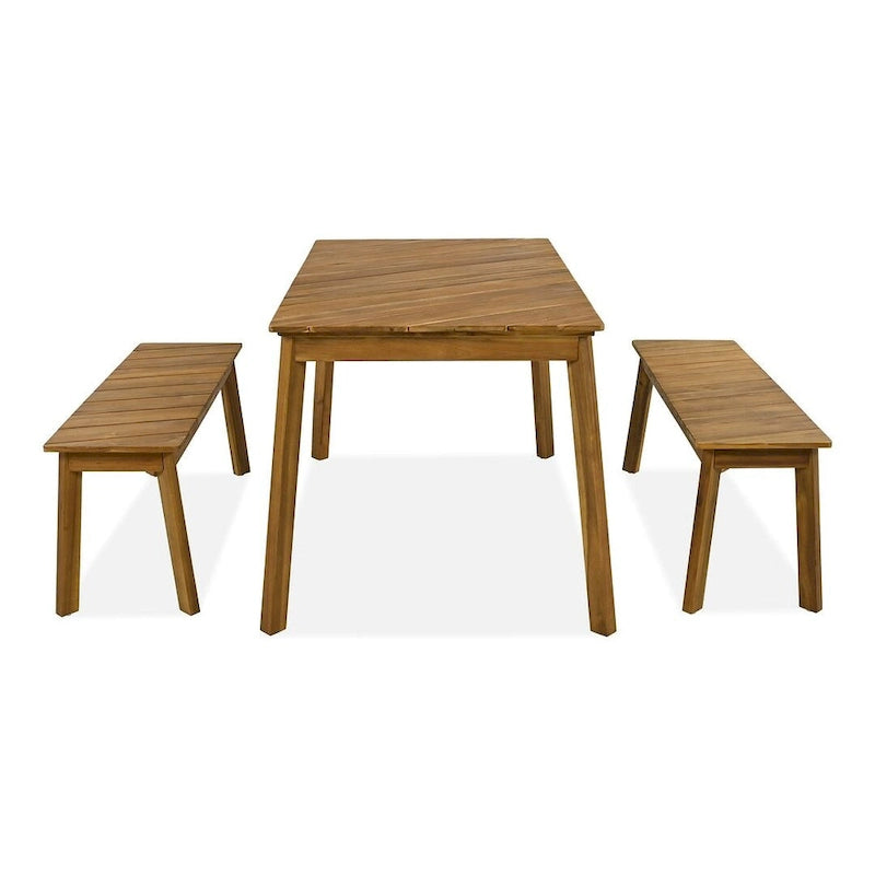 3 PCS OutdoorAcacia Wood Table Bench Dining Set With 2 Benches