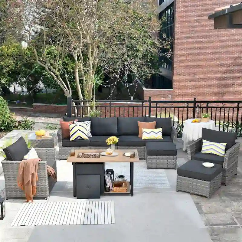 HOOOWOOO 10-piece Grey Wicker Patio Outdoor Furniture Set with Fire Pit