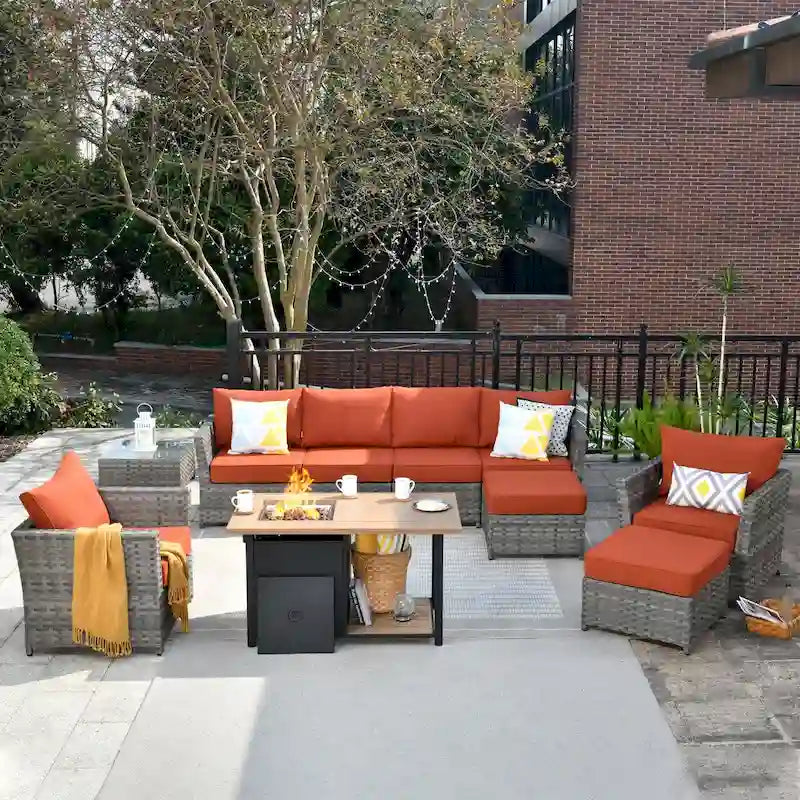HOOOWOOO 10-piece Grey Wicker Patio Outdoor Furniture Set with Fire Pit